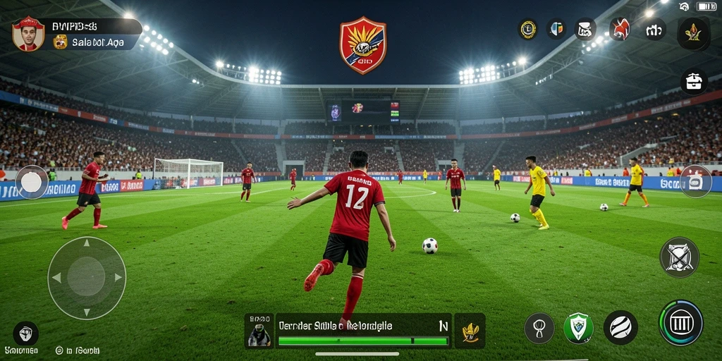 Screenshot gameplay <strong>RVIP3</strong> menampilkan aksi sepak bola yang mendebarkan di lapangan.