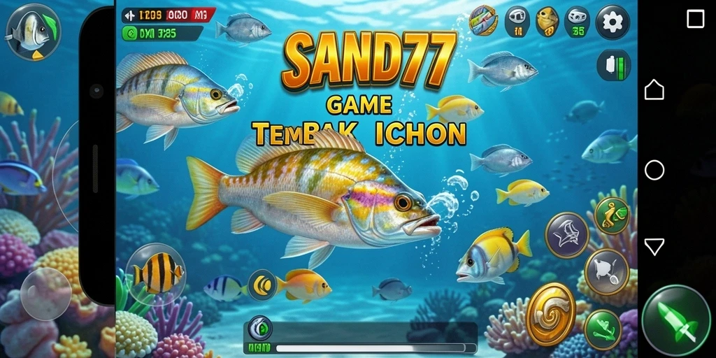 Tampilan gameplay SAND77 yang penuh warna tembak ikan.